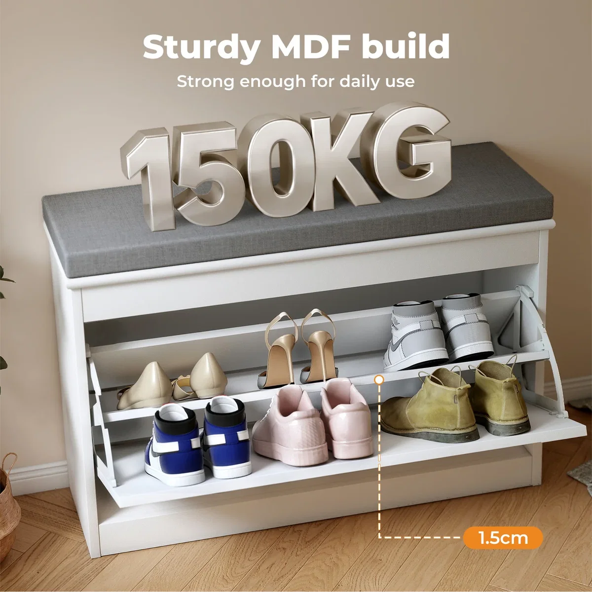 White Plastic Hallway Shoe Storage Cabinet 75cm Bench Organiser Unit - White – image 6
