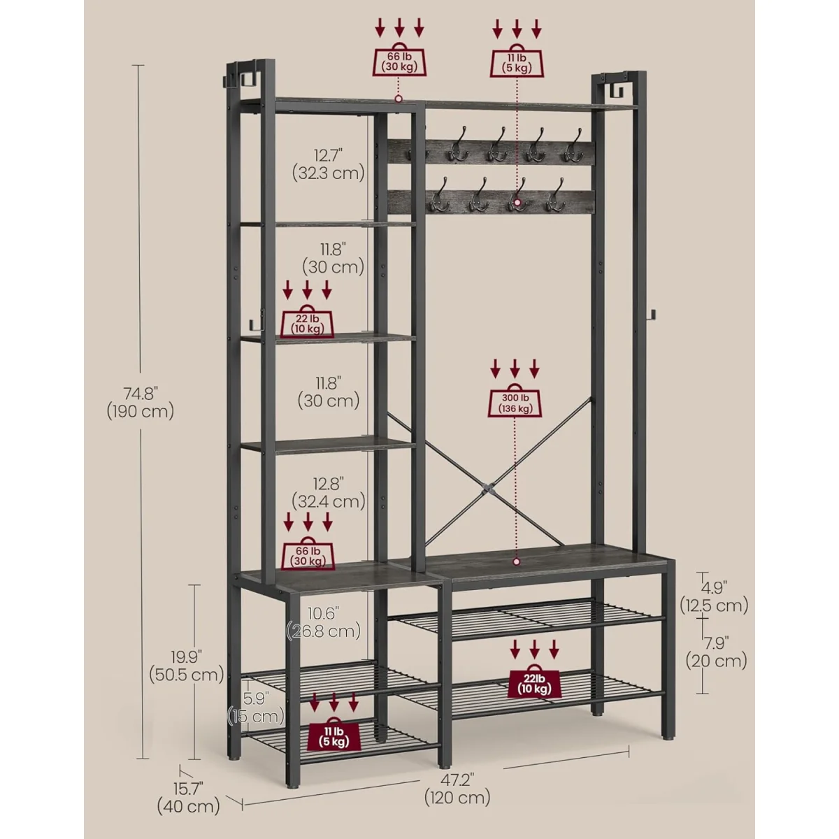 Hall Tree Bench, Entryway Organizer, Coat Rack Shoe Storage, Multi Hook, Grey and Black - Stone Grey, Ink Black – image 2