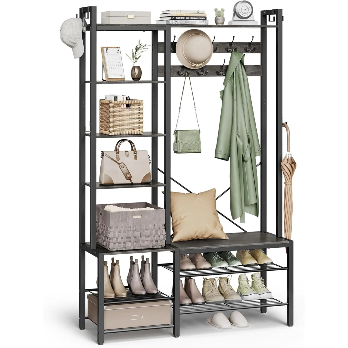Hall Tree Bench, Entryway Organizer, Coat Rack Shoe Storage, Multi Hook, Grey and Black - Stone Grey, Ink Black – image 3