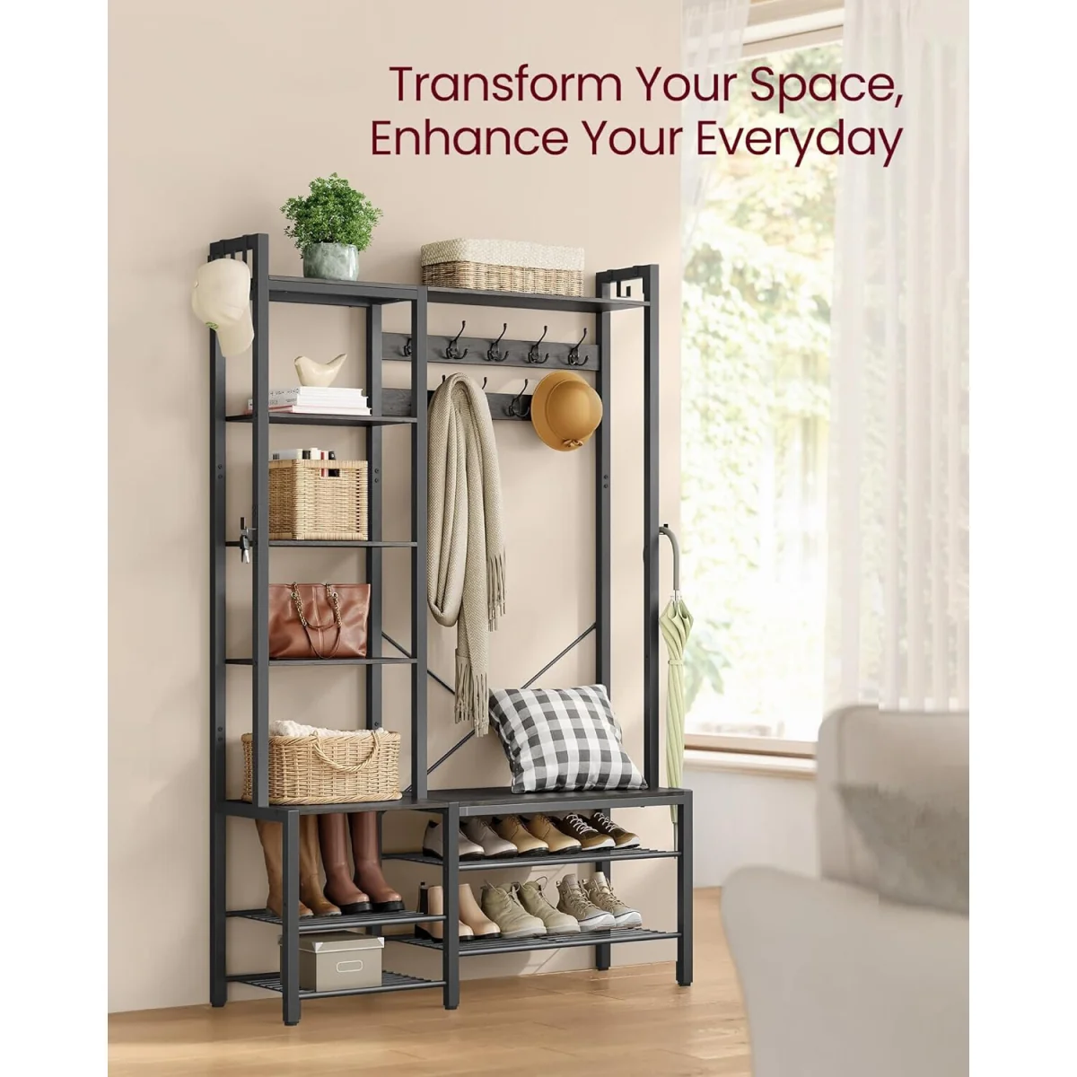 Hall Tree Bench, Entryway Organizer, Coat Rack Shoe Storage, Multi Hook, Grey and Black - Stone Grey, Ink Black – image 4
