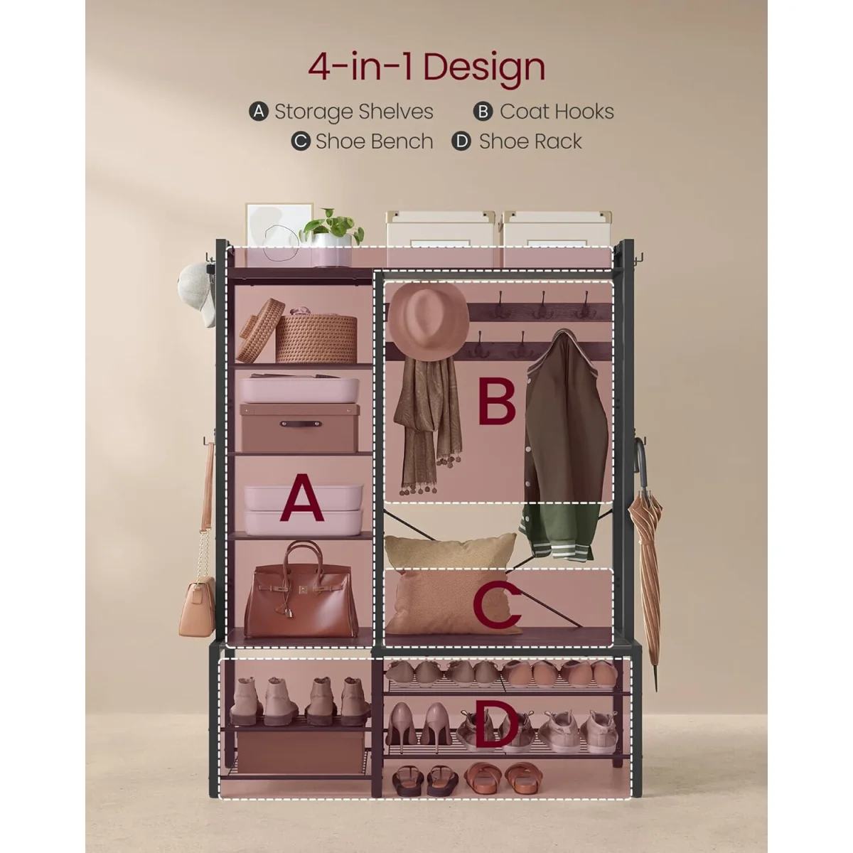 Hall Tree Bench, Entryway Organizer, Coat Rack Shoe Storage, Multi Hook, Grey and Black - Stone Grey, Ink Black – image 5