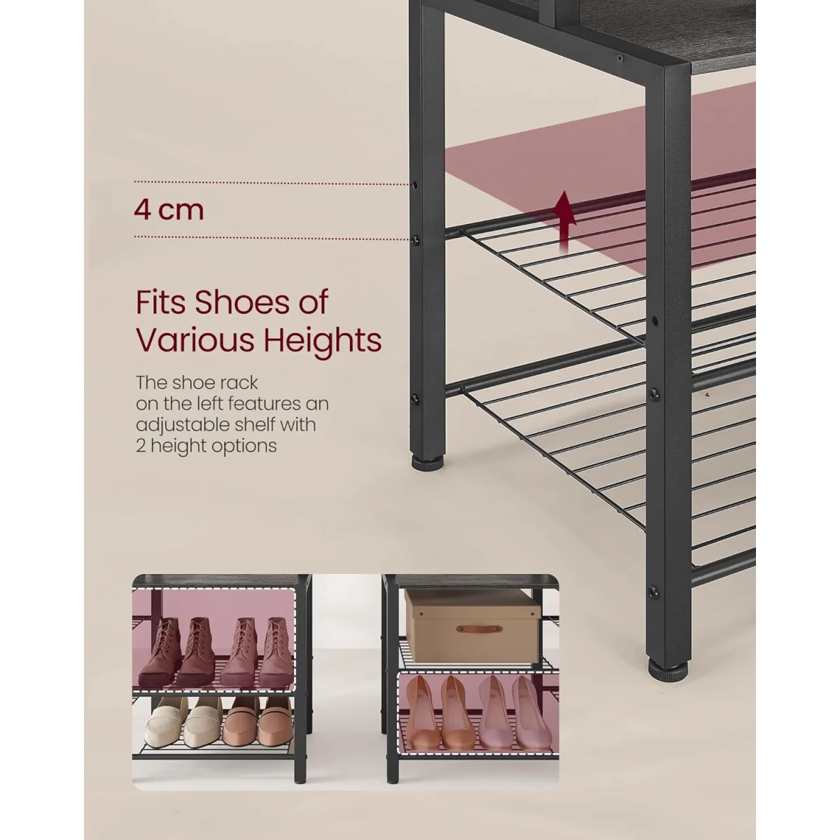 Hall Tree Bench, Entryway Organizer, Coat Rack Shoe Storage, Multi Hook, Grey and Black - Stone Grey, Ink Black – image 6