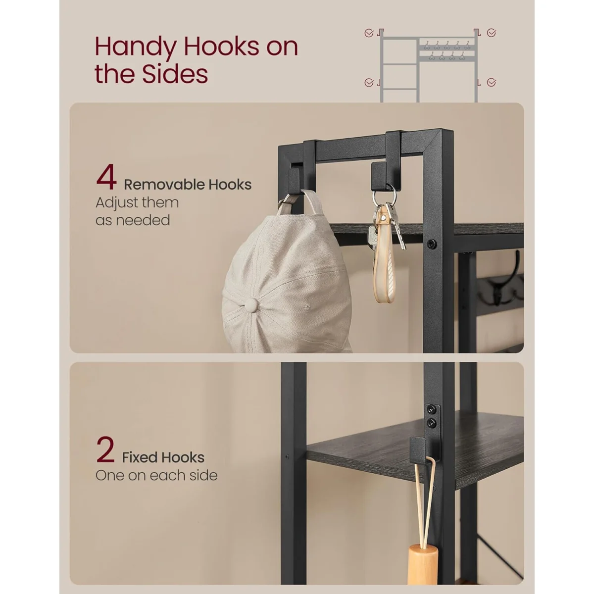 Hall Tree Bench, Entryway Organizer, Coat Rack Shoe Storage, Multi Hook, Grey and Black - Stone Grey, Ink Black – image 7
