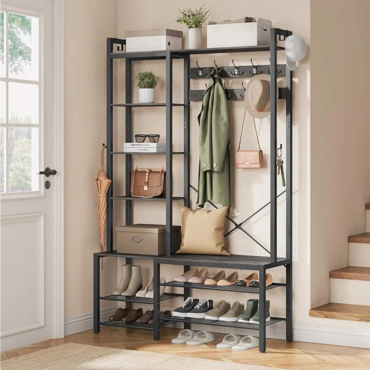 Hall Tree Bench, Entryway Organizer, Coat Rack Shoe Storage, Multi Hook, Grey and Black - Stone Grey, Ink Black – image 1