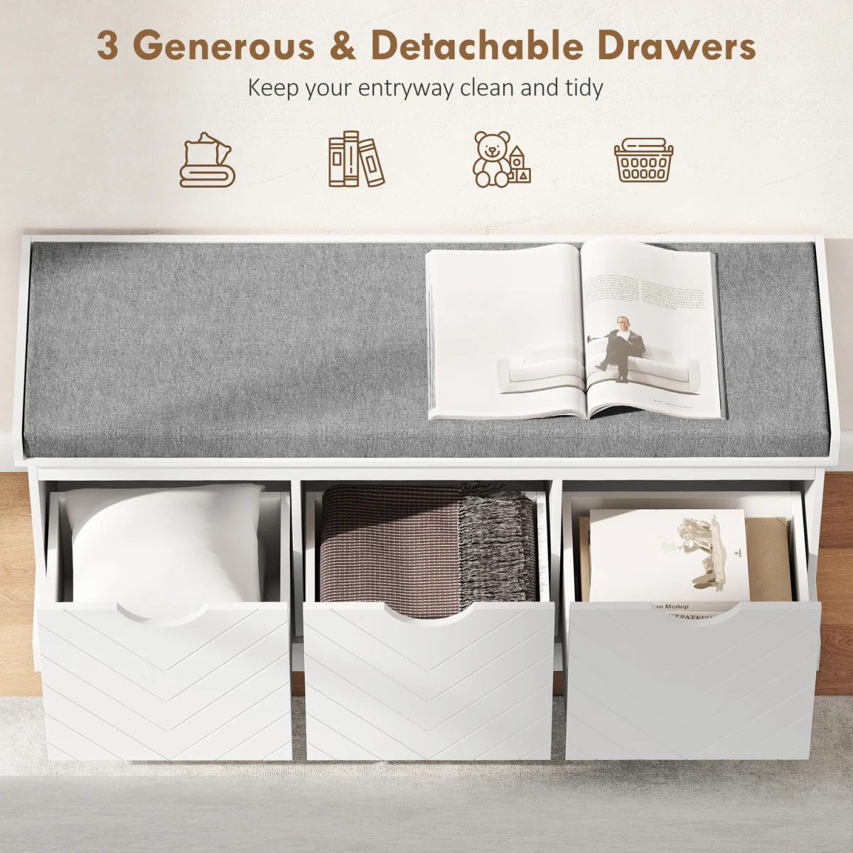 HOMCOM Shoe Storage Bench with 3 Removable Drawers - White – image 5