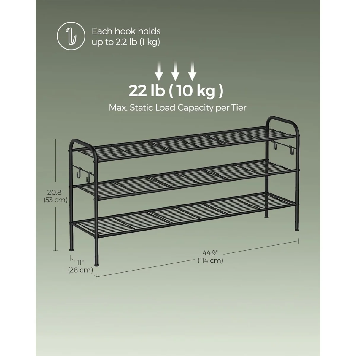 3 Tier Adjustable Shoe Rack with Hooks, Black - Ink Black – image 3