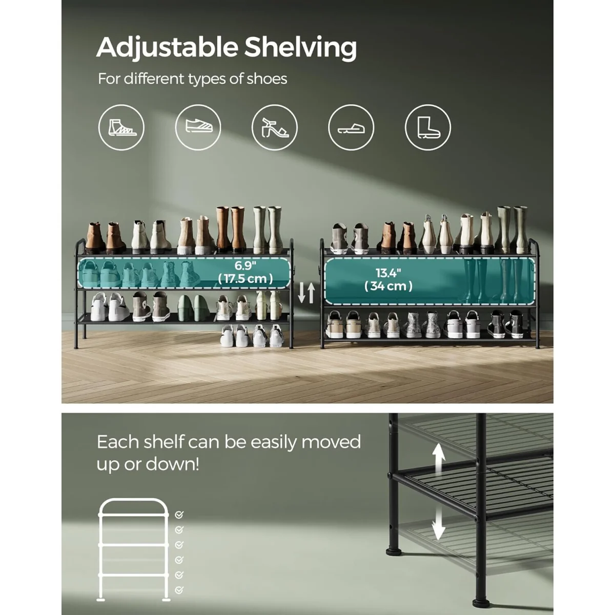 3 Tier Adjustable Shoe Rack with Hooks, Black - Ink Black – image 5
