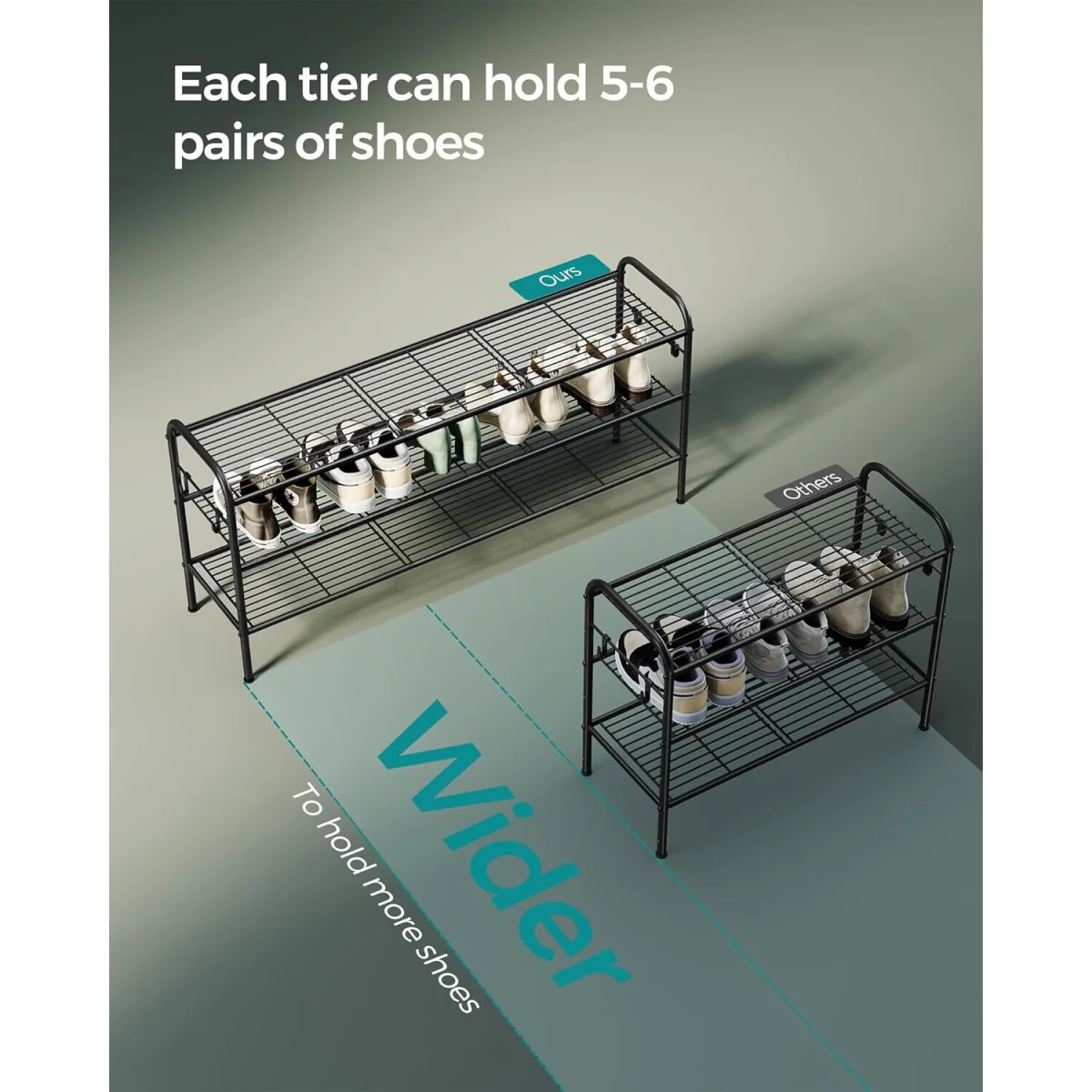 3 Tier Adjustable Shoe Rack with Hooks, Black - Ink Black – image 6