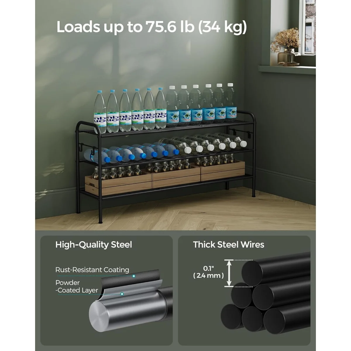 3 Tier Adjustable Shoe Rack with Hooks, Black - Ink Black – image 7