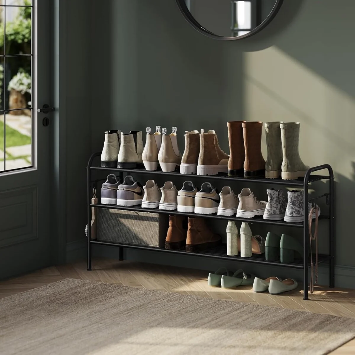 3 Tier Adjustable Shoe Rack with Hooks, Black - Ink Black – image 1