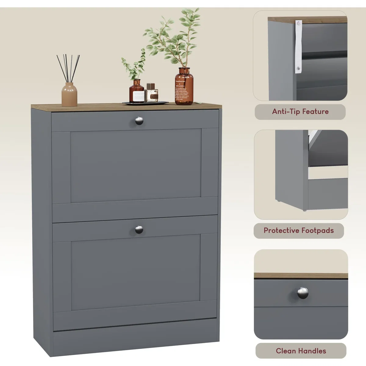 Vida Designs 2 Drawer Shoe Cabinet, White & Oak - Grey – image 2