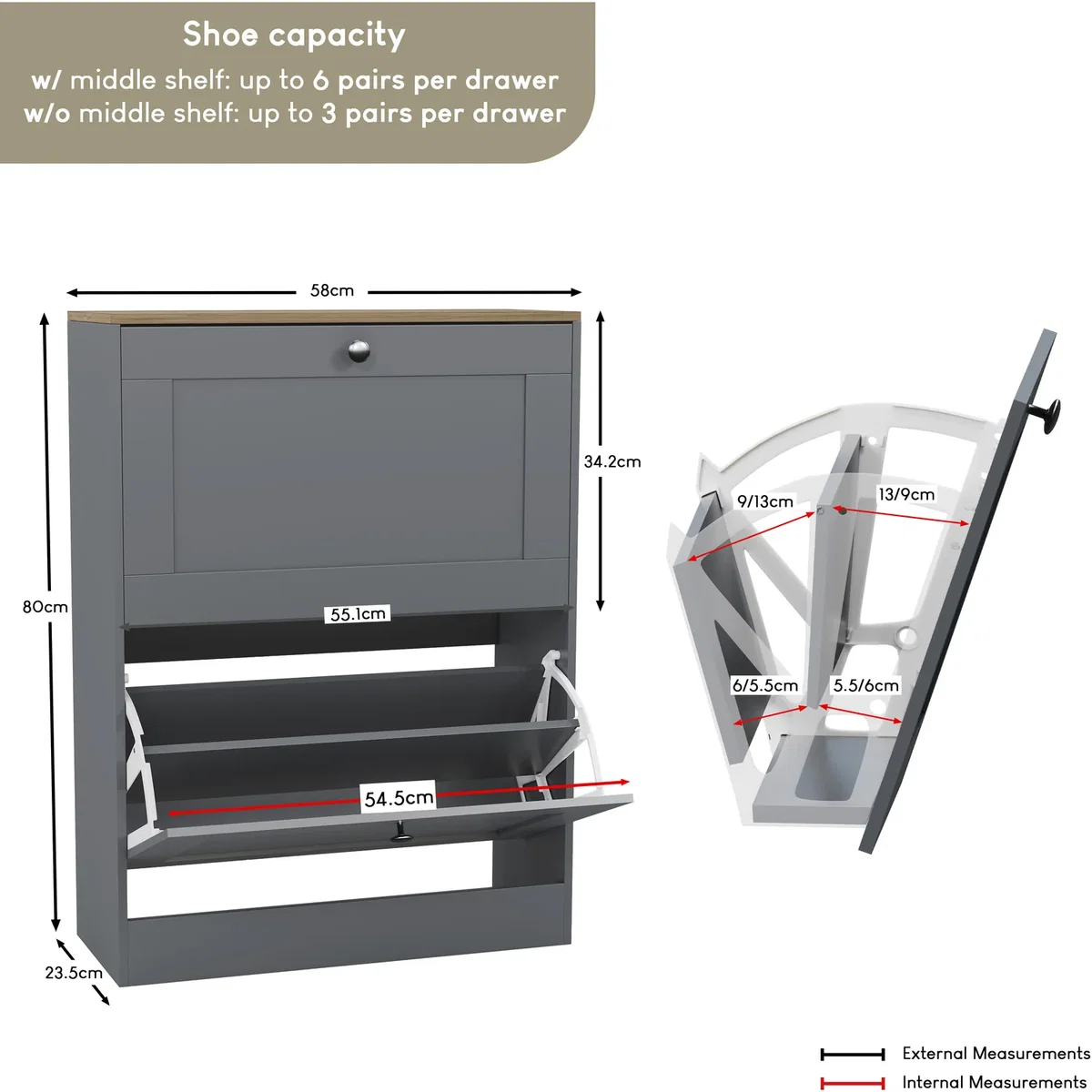 Vida Designs 2 Drawer Shoe Cabinet, White & Oak - Grey – image 4