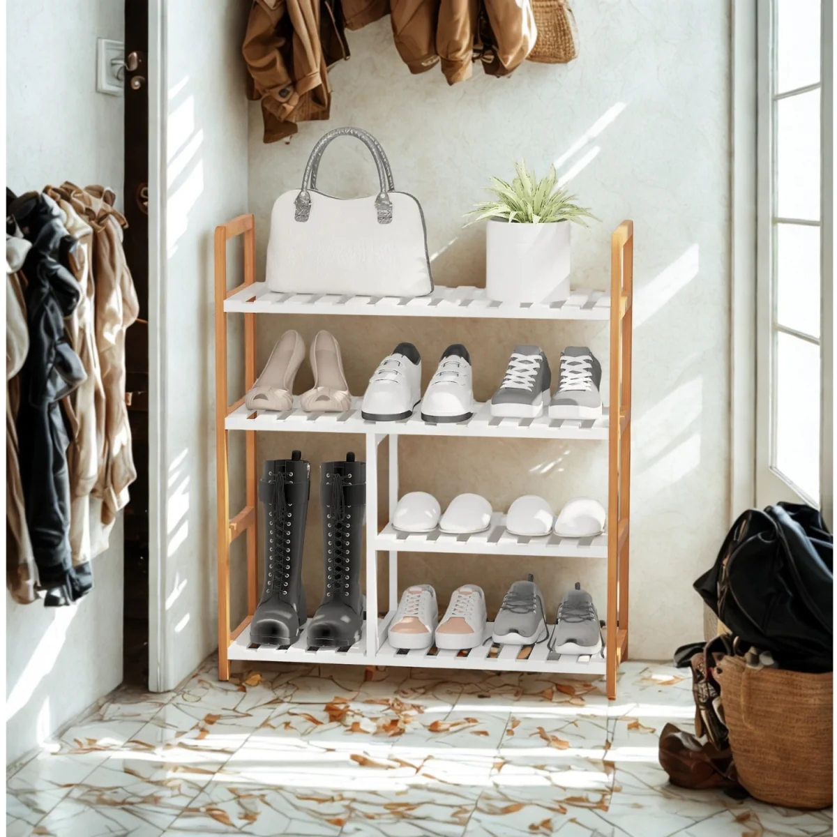 4 Tier Shoe Storage Rack Hallway Organiser - Natural Brown – image 4