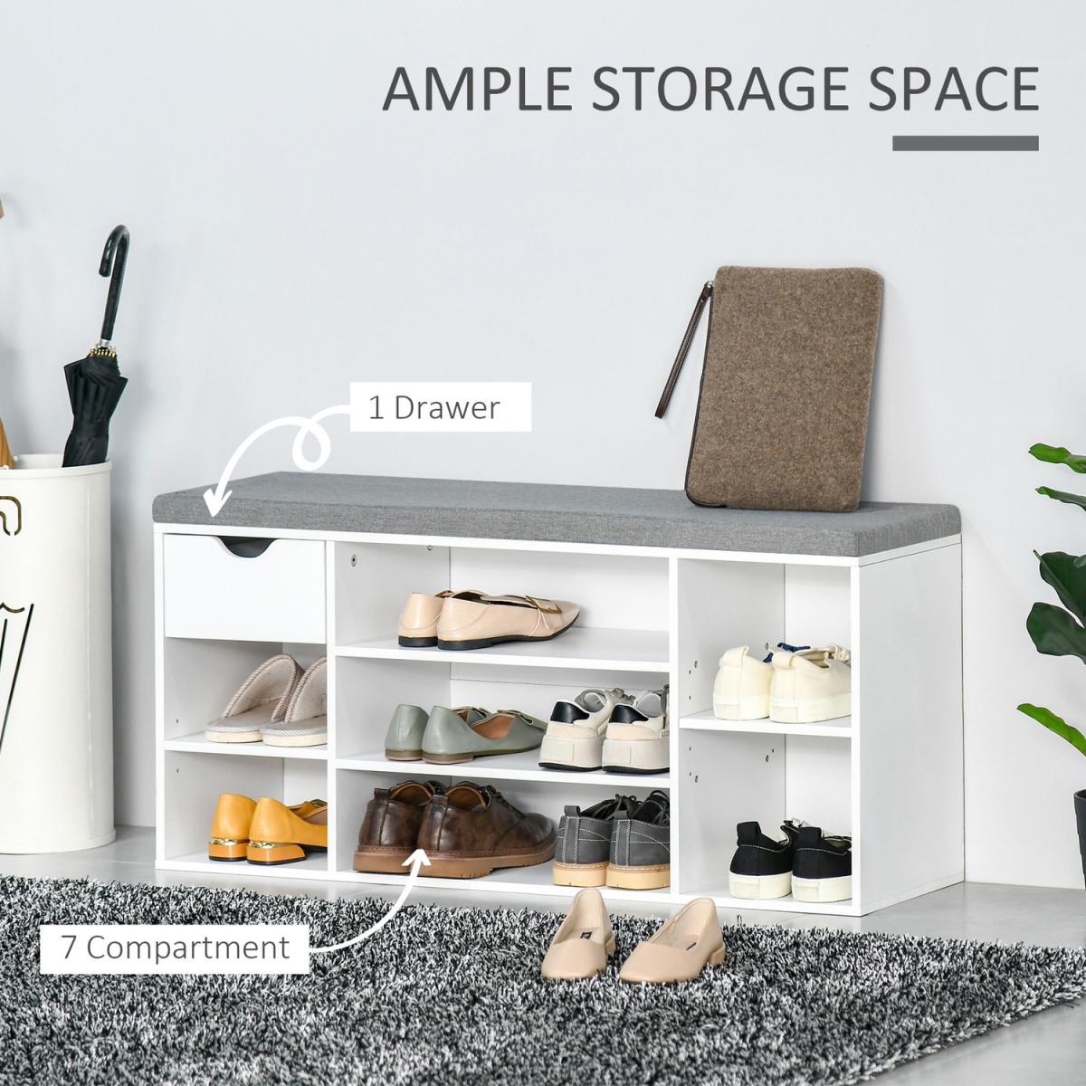 Shoe Storage Bench with Cushion 7 Compartments - White and Grey – image 3