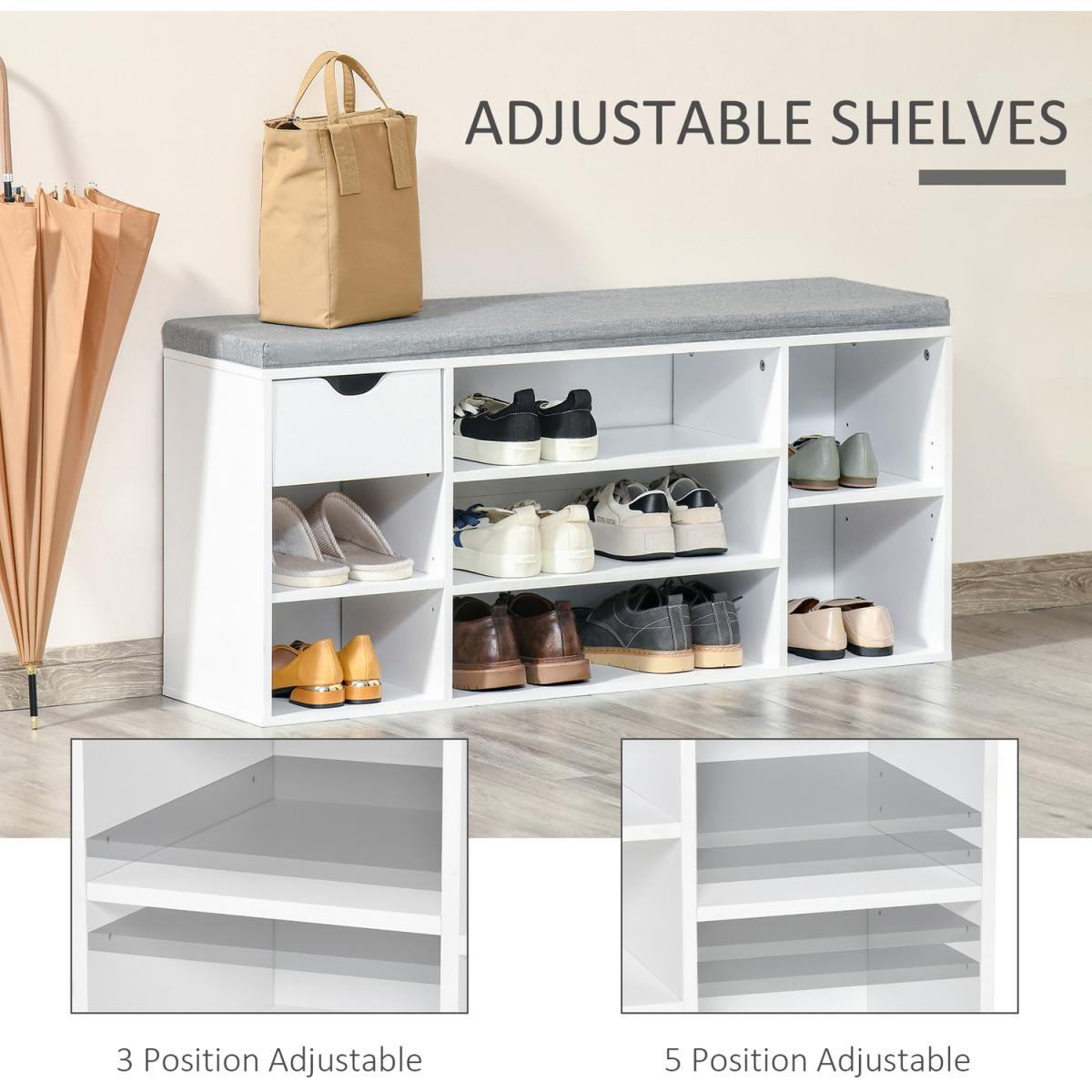 Shoe Storage Bench with Cushion 7 Compartments - White and Grey – image 4