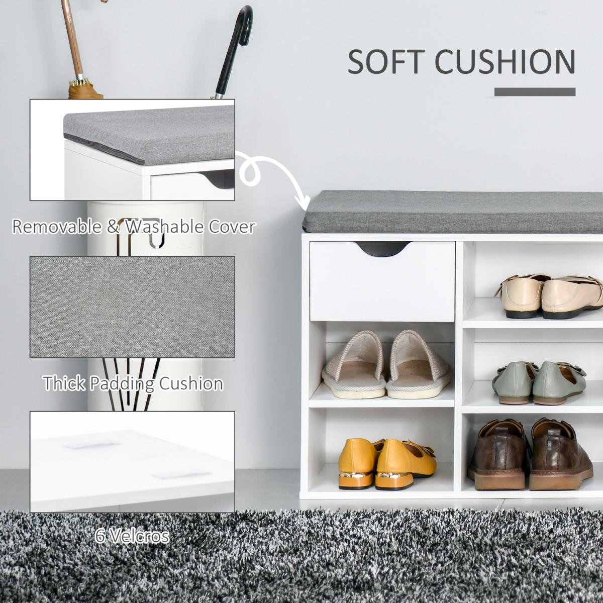 Shoe Storage Bench with Cushion 7 Compartments - White and Grey – image 5