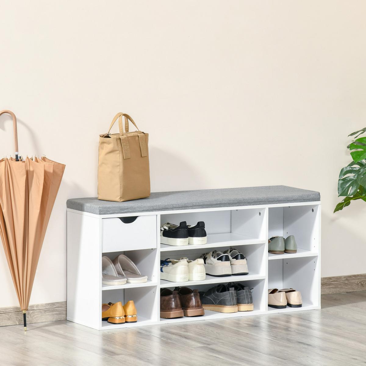 Shoe Storage Bench with Cushion 7 Compartments - White and Grey – image 1