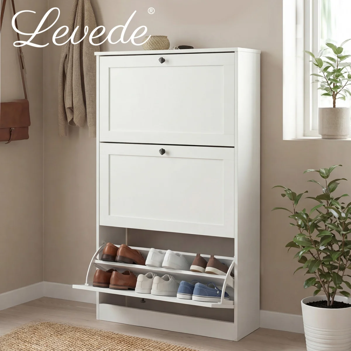 Tall Shoe Cabinet Flip Shoe Storage Unit Slim Hallway Organiser - White – image 3