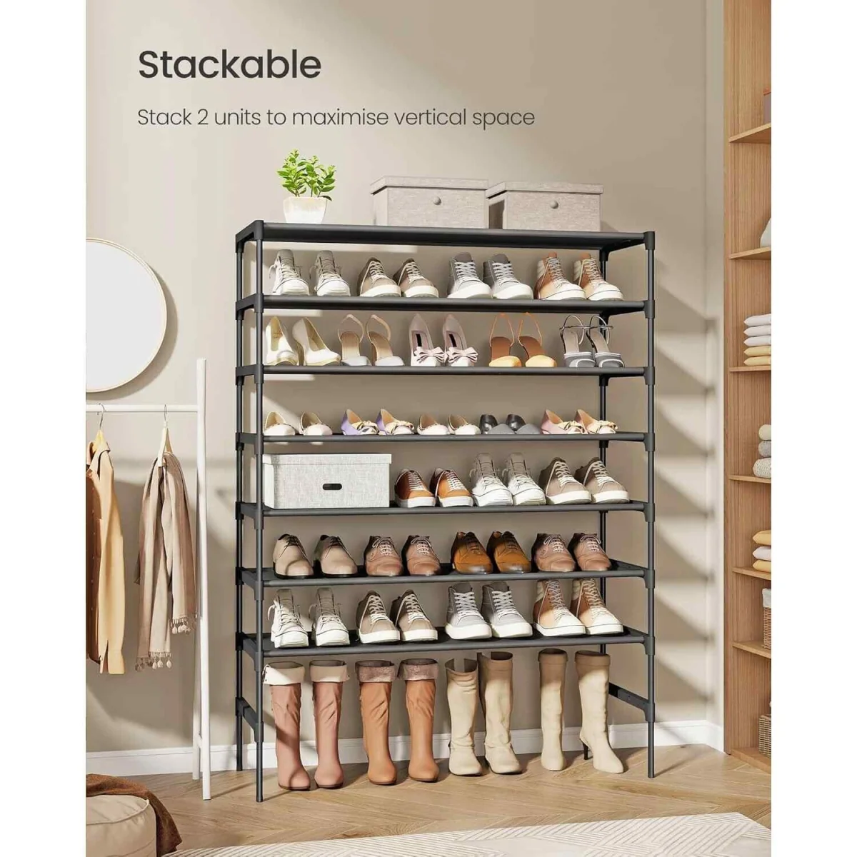4 Tier Metal Shoe Rack with Fabric Shelves, Black - Ink Black – image 2
