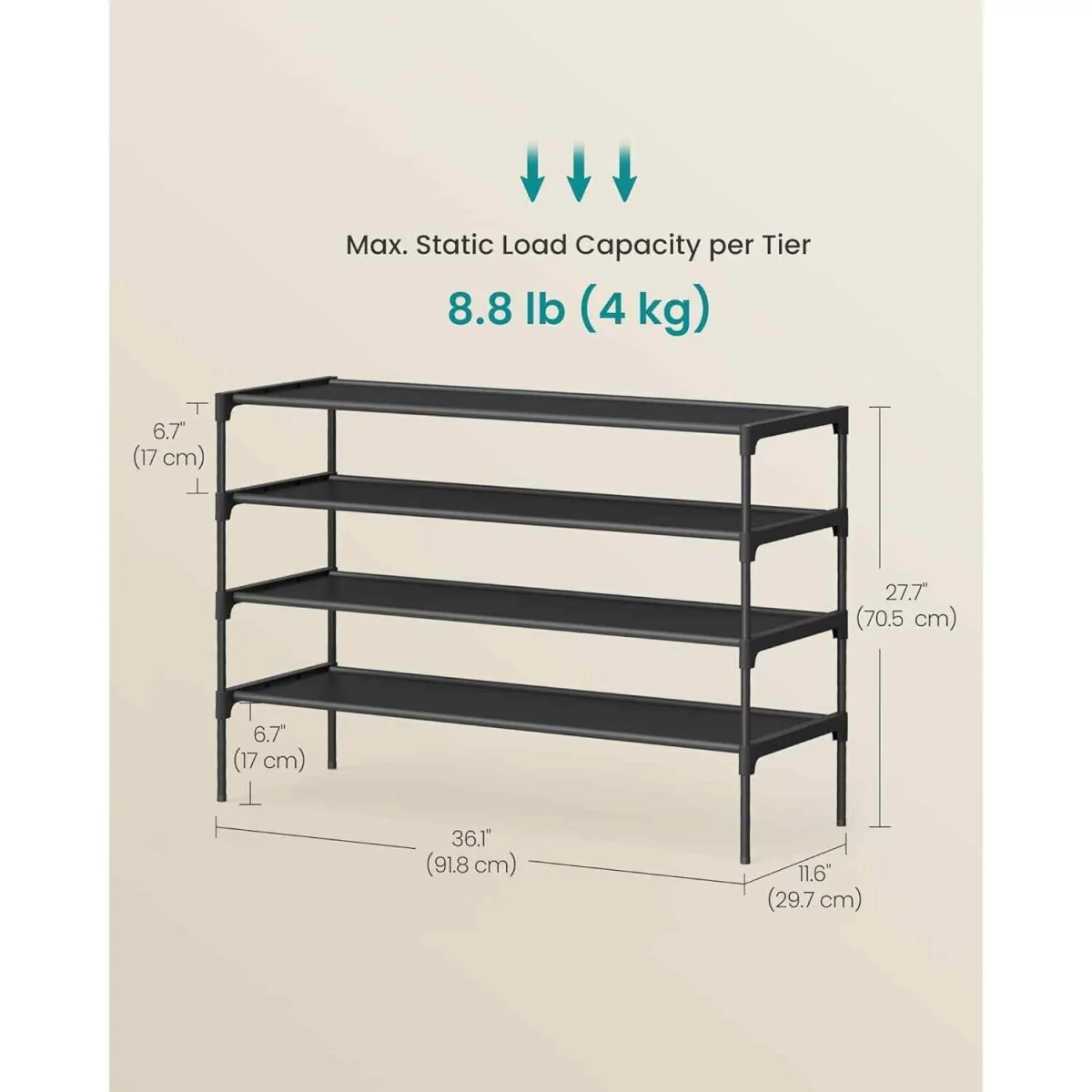4 Tier Metal Shoe Rack with Fabric Shelves, Black - Ink Black – image 3