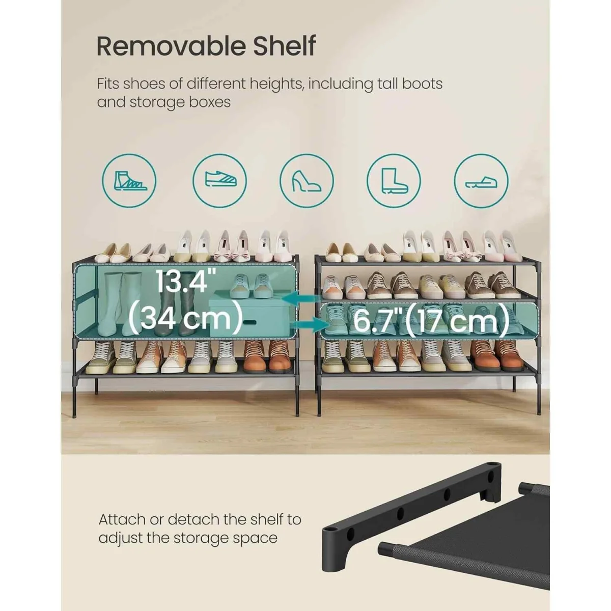 4 Tier Metal Shoe Rack with Fabric Shelves, Black - Ink Black – image 5