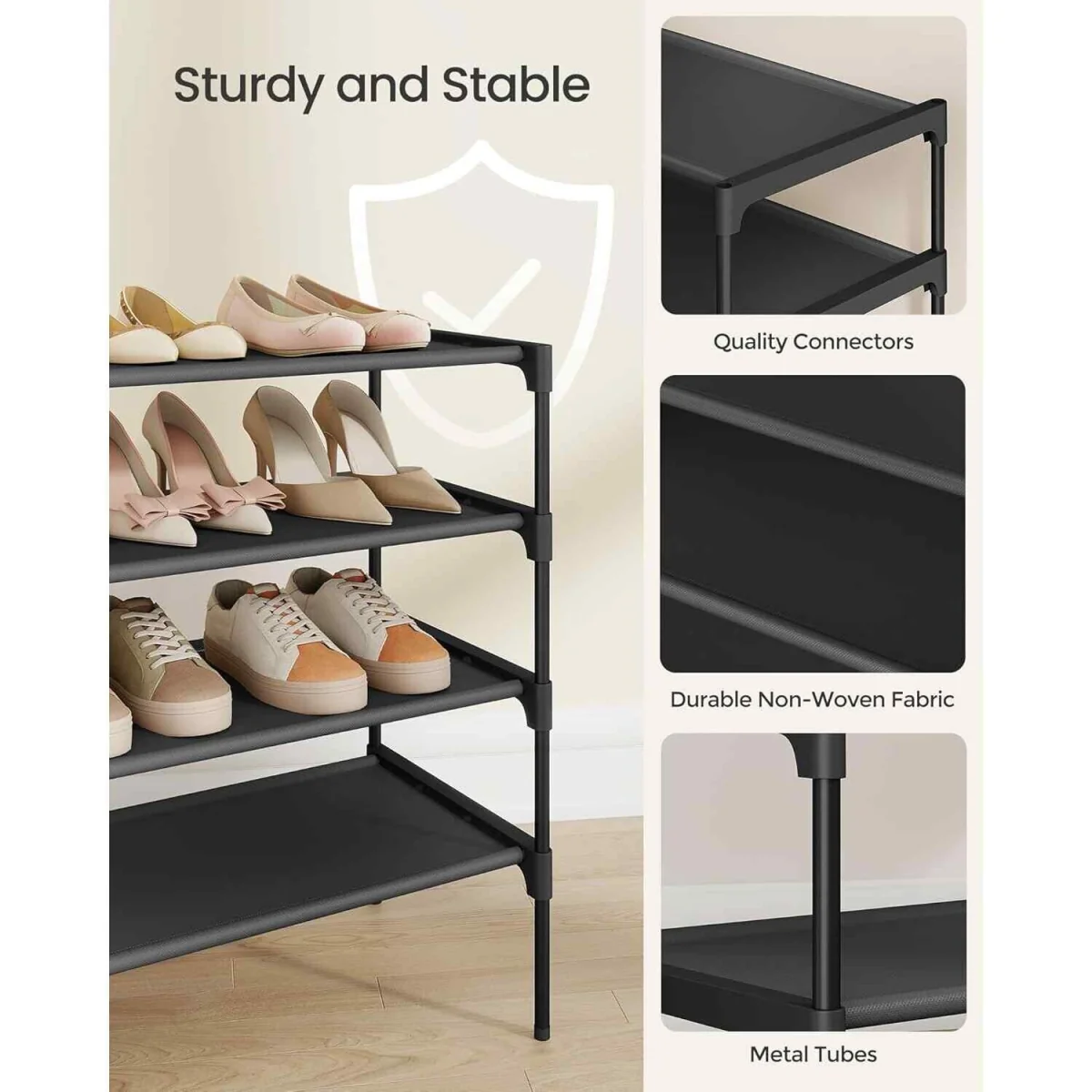 4 Tier Metal Shoe Rack with Fabric Shelves, Black - Ink Black – image 6