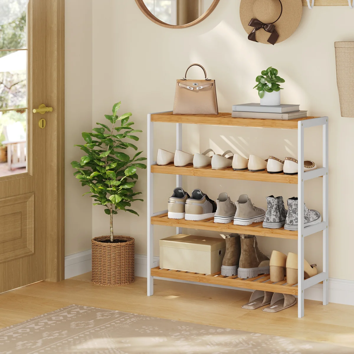 SONGMICS White and Natural Bamboo Shoe Rack - White and Natural – image 1