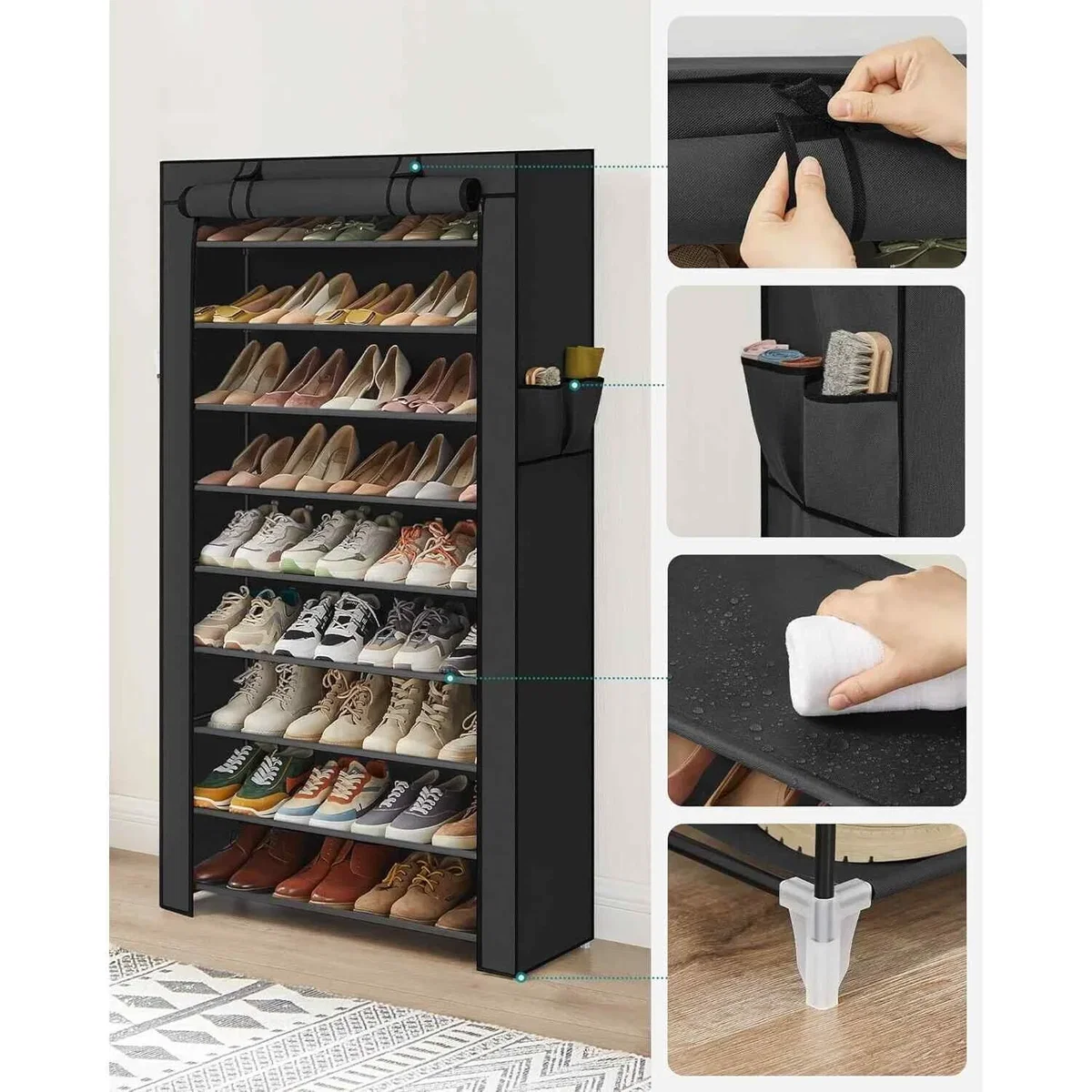 Extra Wide 10 Tier Shoe Cabinet Cover, Black - Black – image 7