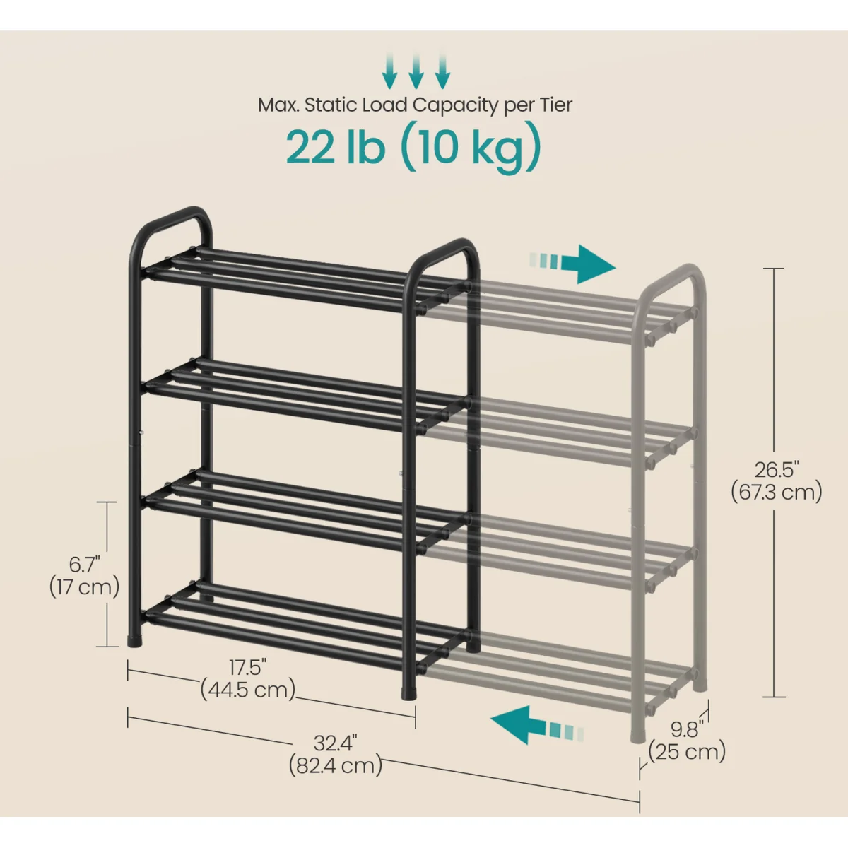 SONGMICS 4 Tiers Ink Black Expandable Shoe Rack - Ink Black – image 5