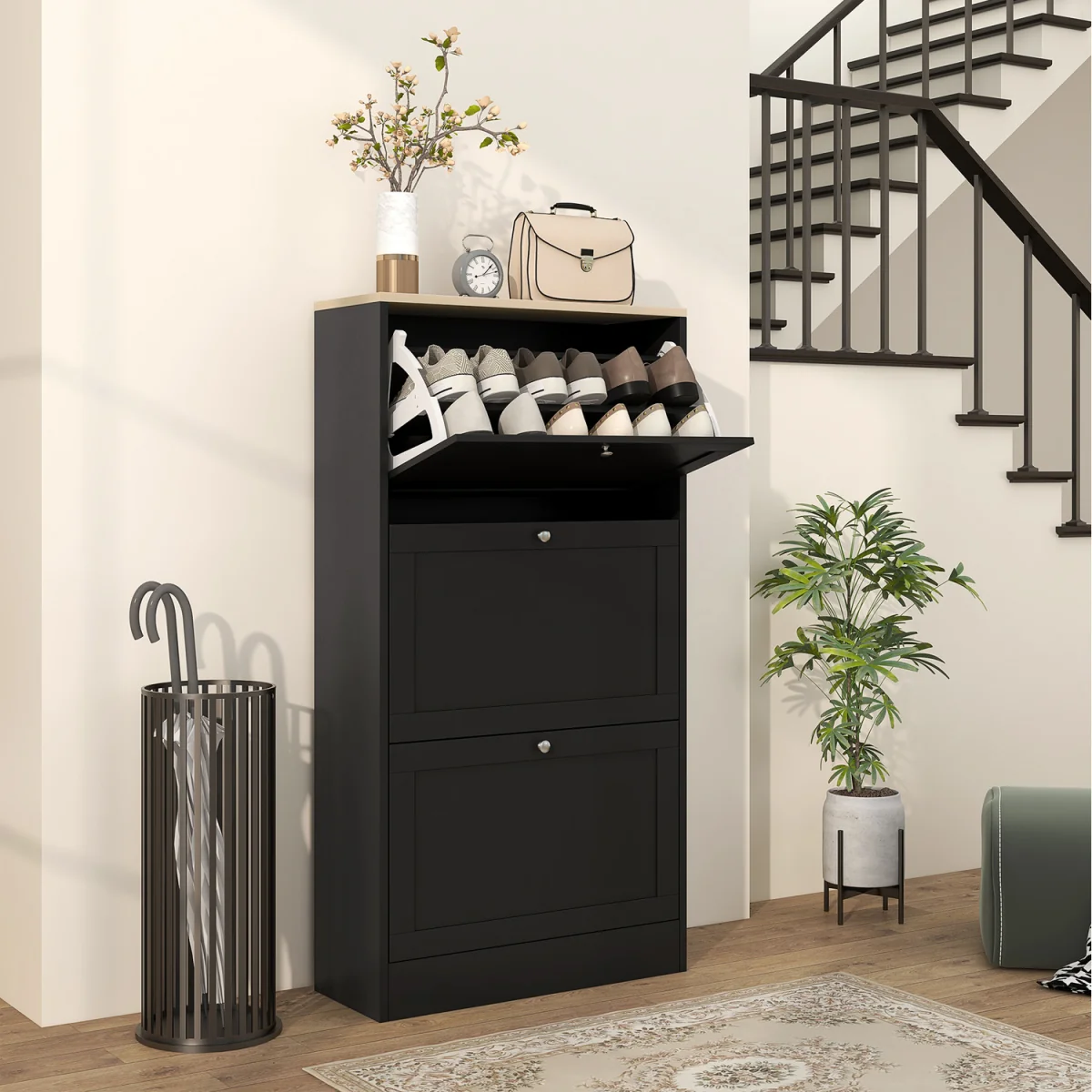 HOMCOM Narrow Shoe Cabinet with 3 Flip Doors - Black