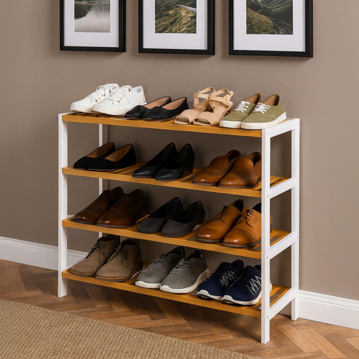 Neo 4-Tier Bamboo Shoe Rack Wooden Shoe Storage Organiser Shelf for Hallway - White/Wood