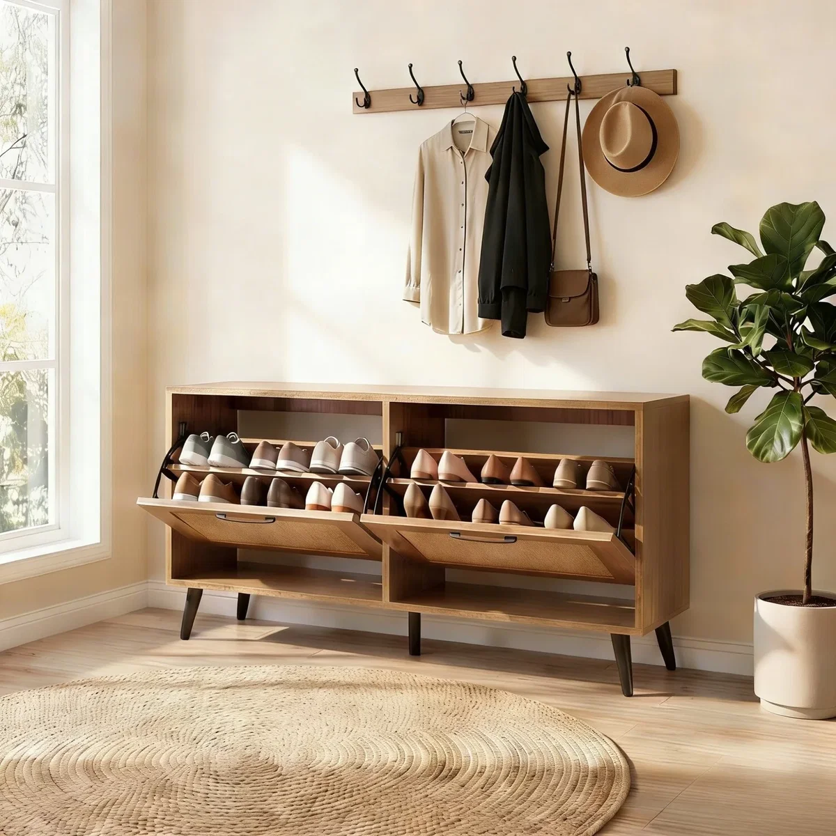 Narrow Freestanding Shoe Storage Cabinet with Flip Drawers - Brown – image 6