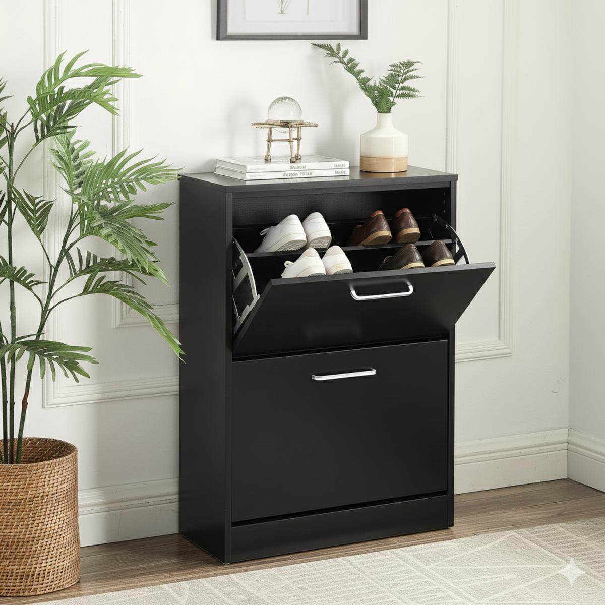 Shoe Cabinet Storage 2 Drawer Shoe Cupboard Wooden Rack - Black