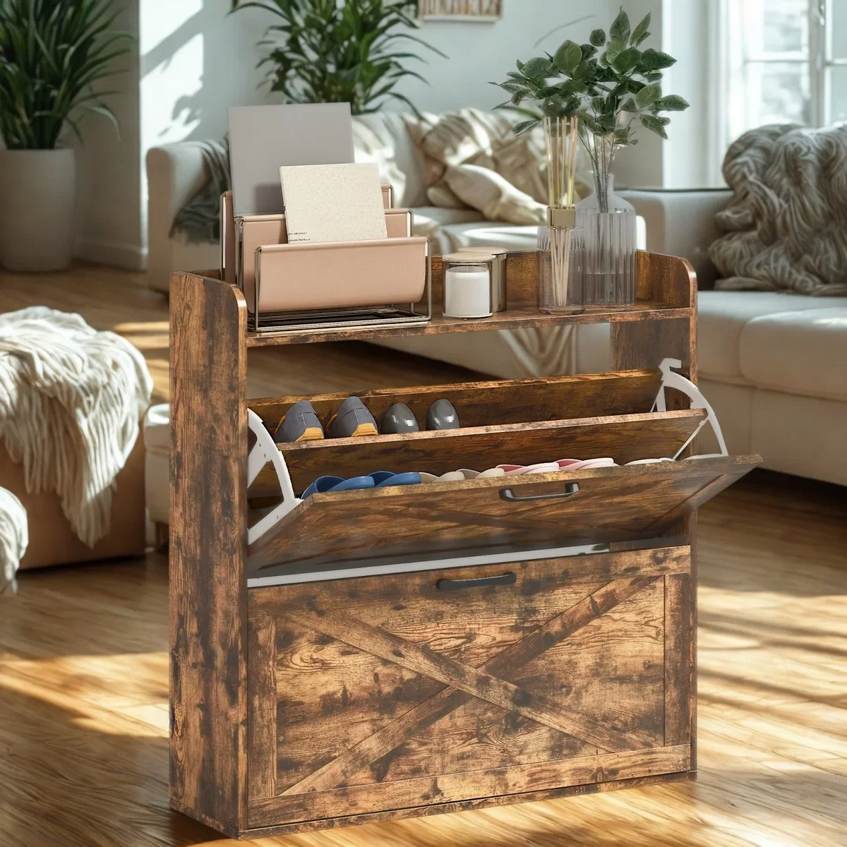 2 Drawer Hallway Shoe Storage Cabinet With Storage Shelf Rustic - Rustic Brown – image 6