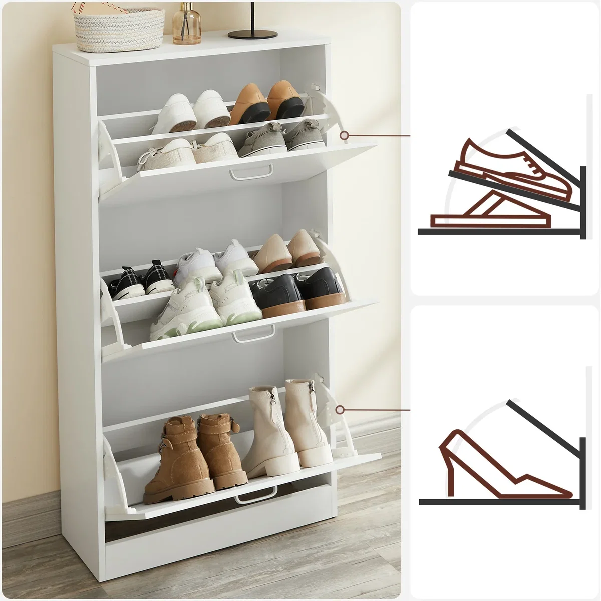 VASAGLE Shoe Cabinet With 3 Flip Doors, 3-Tier Shoe Cabinet - White – image 4