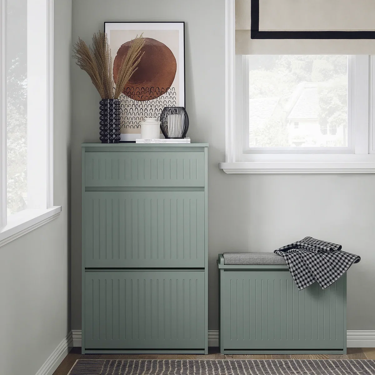 Slim Shoe Storage Cupboard with 2 Flip-drawers & Pull-out Drawer - Light Grey - White – image 2