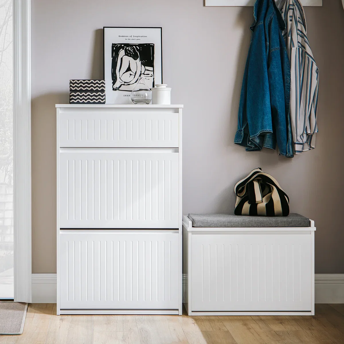 Slim Shoe Storage Cupboard with 2 Flip-drawers & Pull-out Drawer - Light Grey - White – image 11