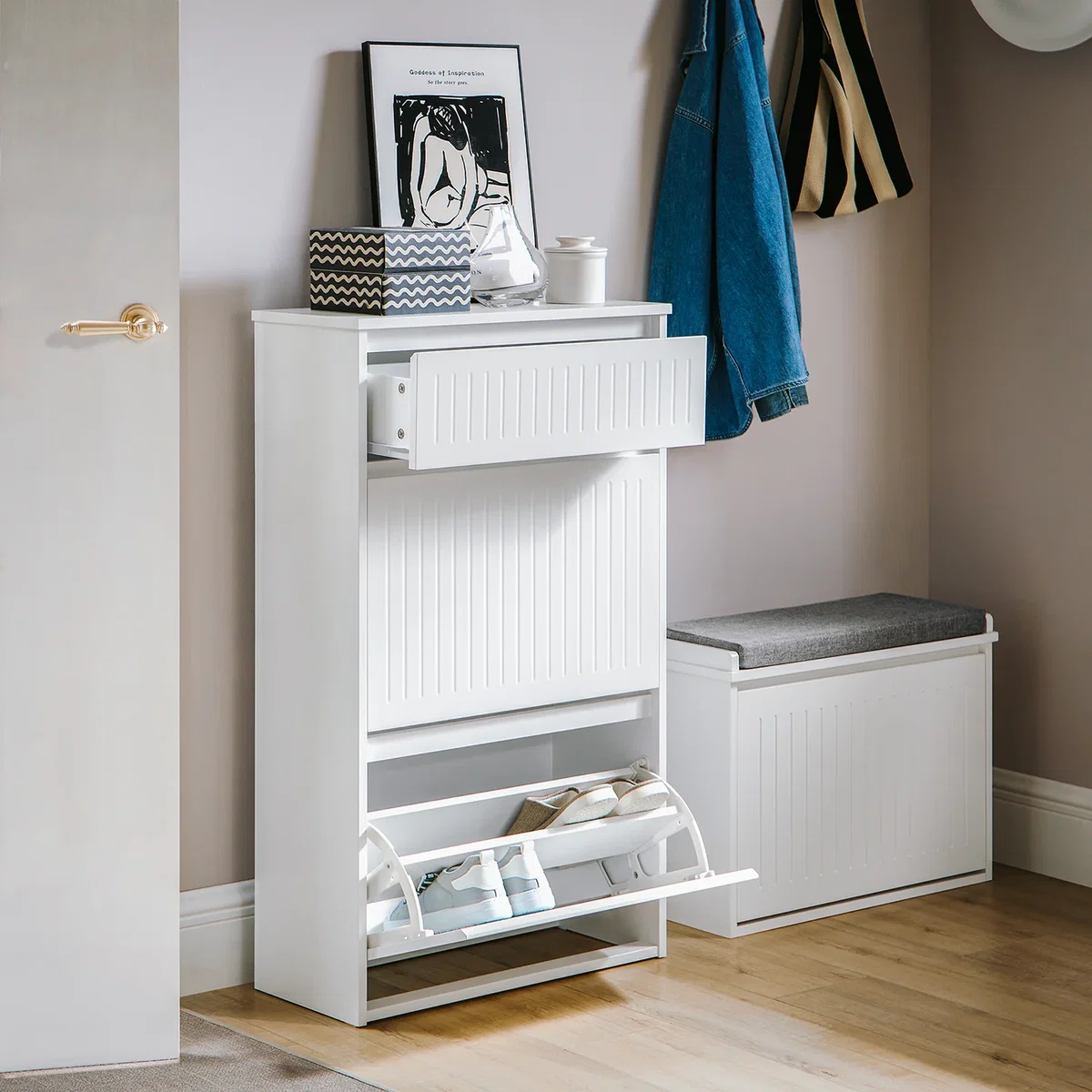 Slim Shoe Storage Cupboard with 2 Flip-drawers & Pull-out Drawer - Light Grey - White – image 12