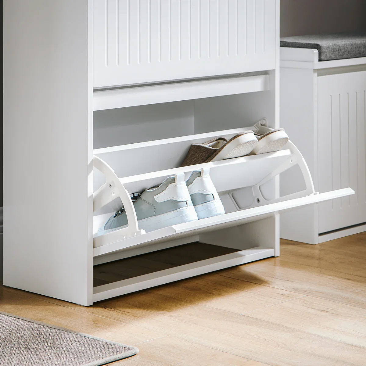 Slim Shoe Storage Cupboard with 2 Flip-drawers & Pull-out Drawer - Light Grey - White – image 13