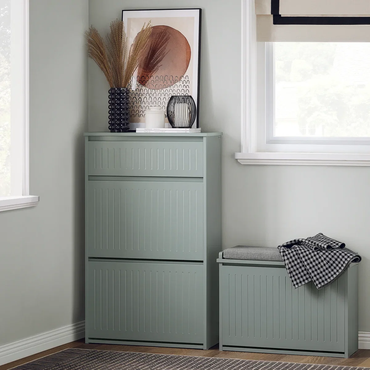 Slim Shoe Storage Cupboard with 2 Flip-drawers & Pull-out Drawer - Light Grey - White – image 5