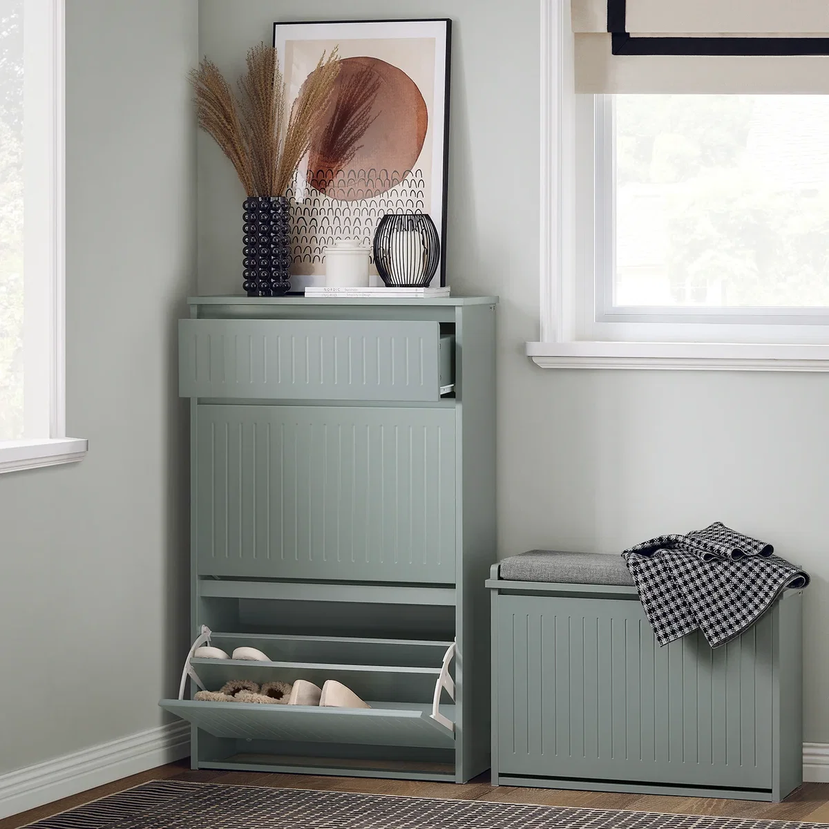 Slim Shoe Storage Cupboard with 2 Flip-drawers & Pull-out Drawer - Light Grey - White – image 6