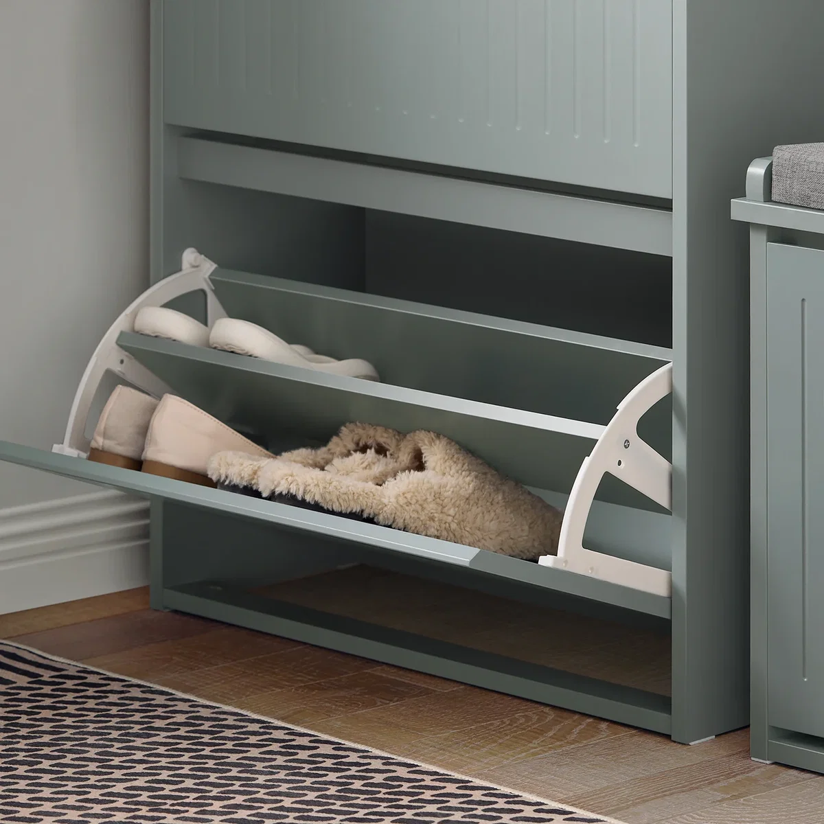 Slim Shoe Storage Cupboard with 2 Flip-drawers & Pull-out Drawer - Light Grey - White – image 8