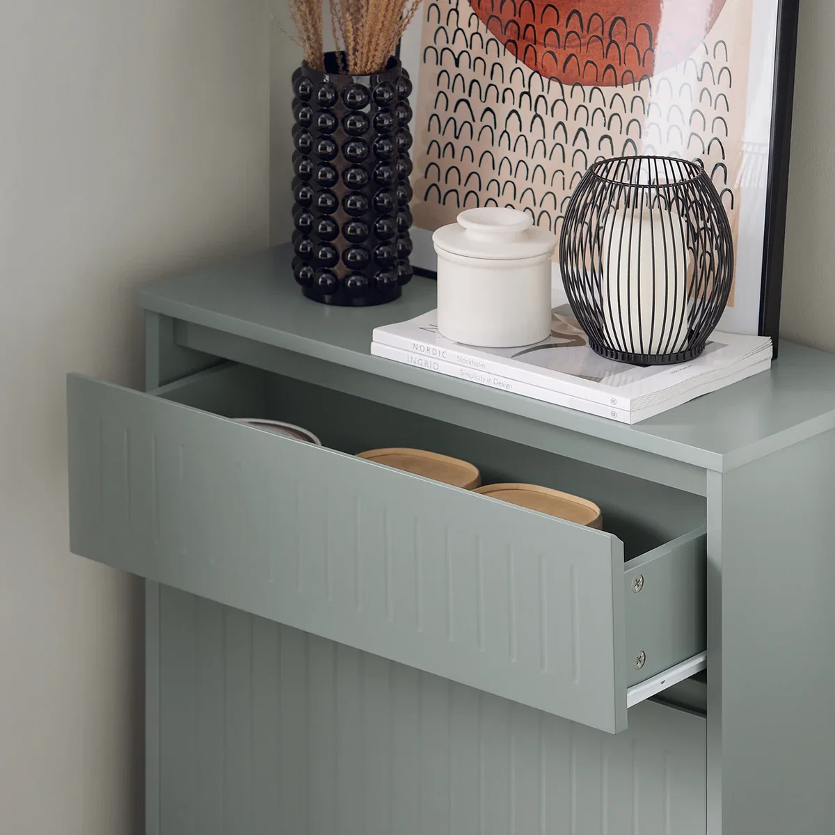 Slim Shoe Storage Cupboard with 2 Flip-drawers & Pull-out Drawer - Light Grey - White – image 9