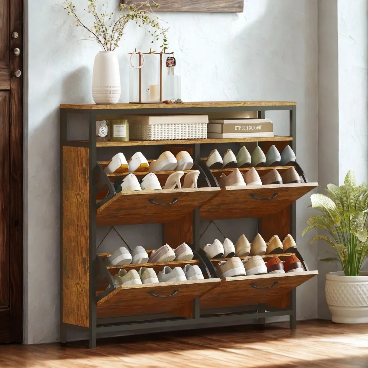 Industrial 4 Drawer Shoe Storage Rack Hallway Organiser - Rustic Brown – image 2