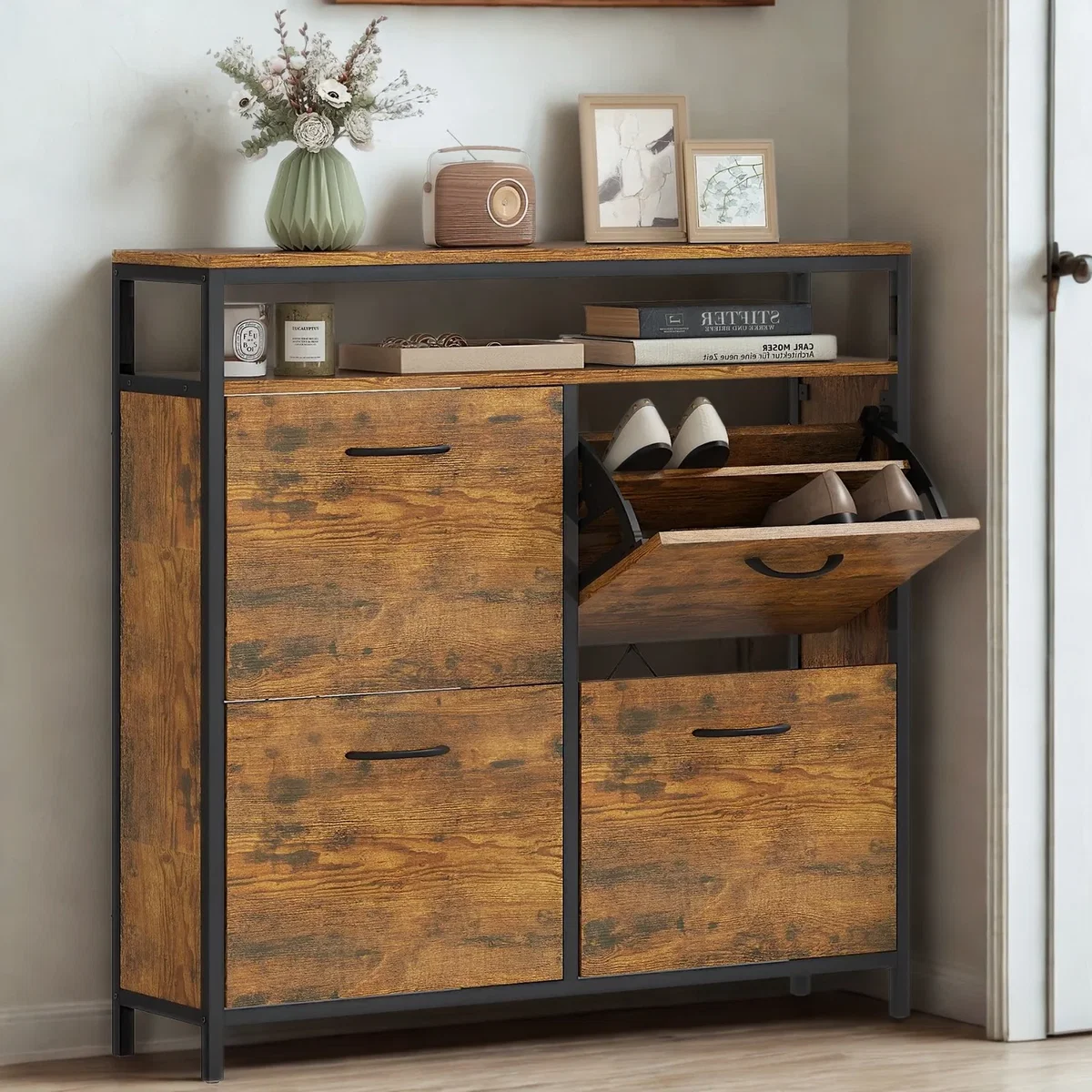 Industrial 4 Drawer Shoe Storage Rack Hallway Organiser - Rustic Brown – image 3