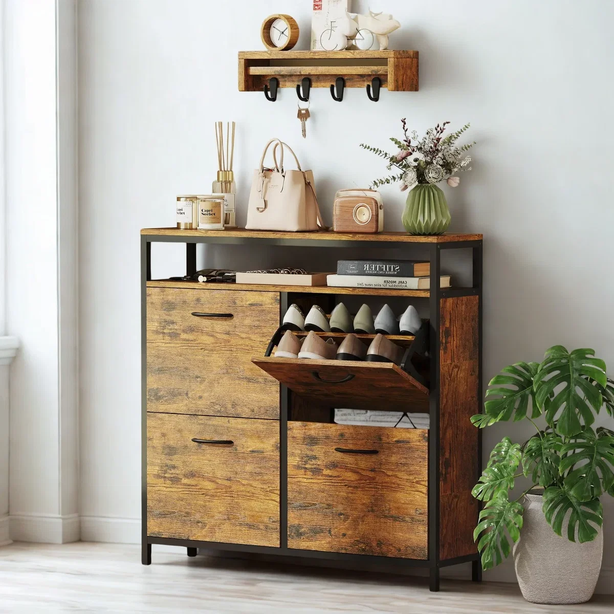 Industrial 4 Drawer Shoe Storage Rack Hallway Organiser - Rustic Brown – image 7