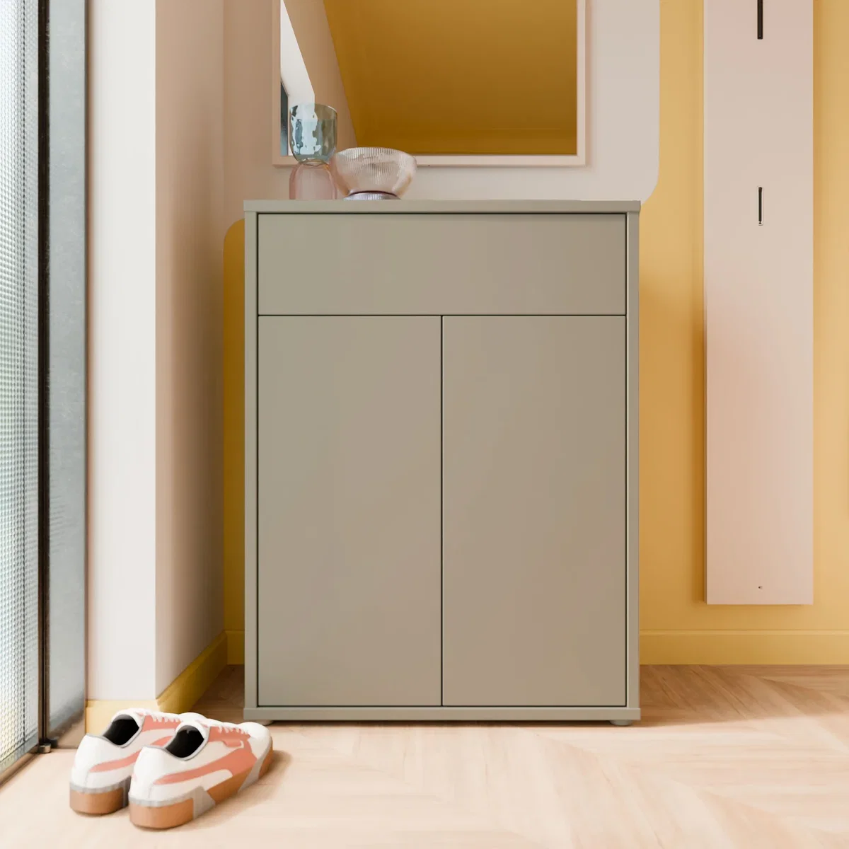 Alice Springs Shoe Cabinet with 2 Doors Push-Open & 1 Drawer Push-Open in Light Grey - Taupe – image 1