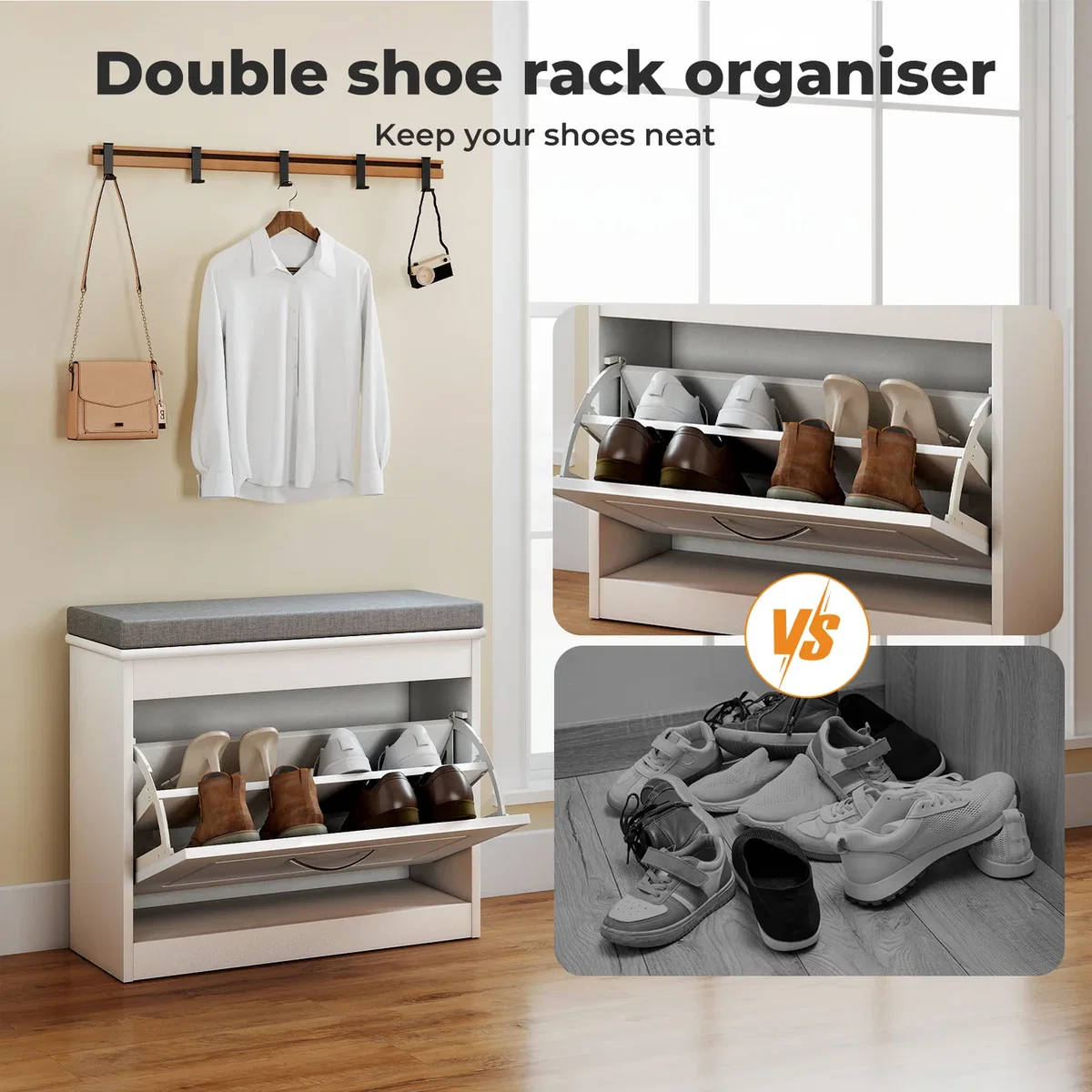 White Plastic Slim Shoe Storage Unit Hallway Rack Organiser 2PC - White – image 5