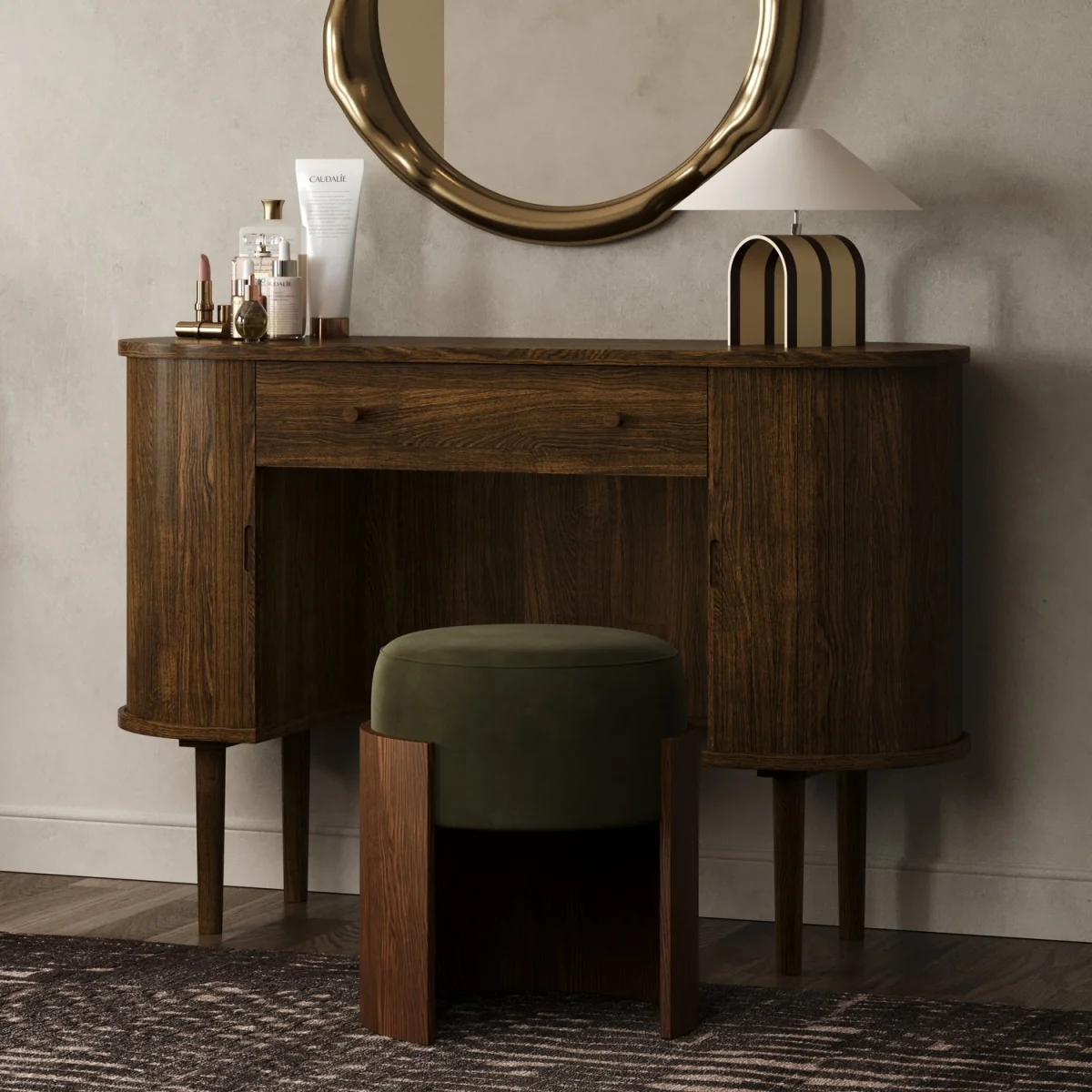 Green Upholstered Bedroom Stool With Curved Walnut Base - Clover – image 2