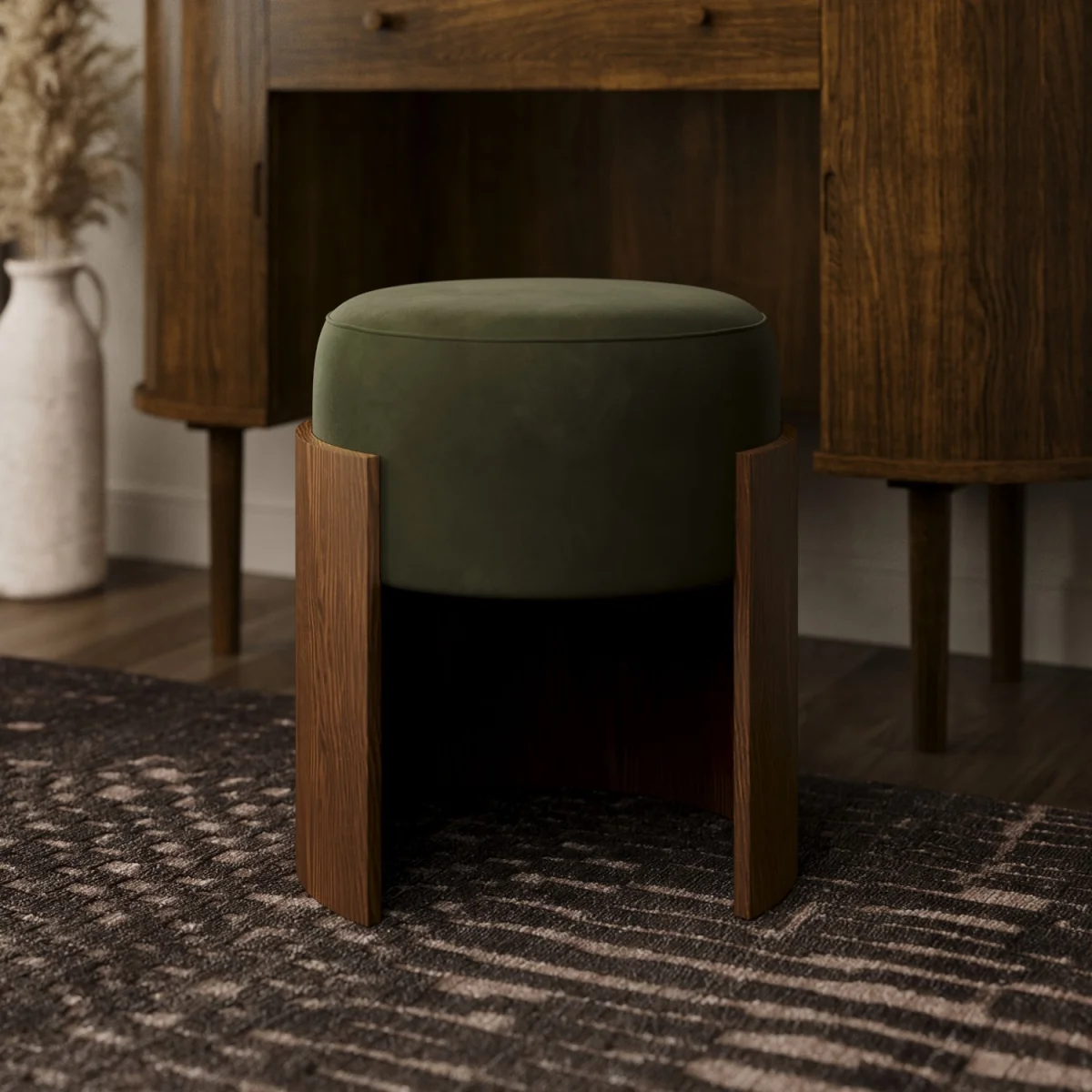 Green Upholstered Bedroom Stool With Curved Walnut Base - Clover – image 1